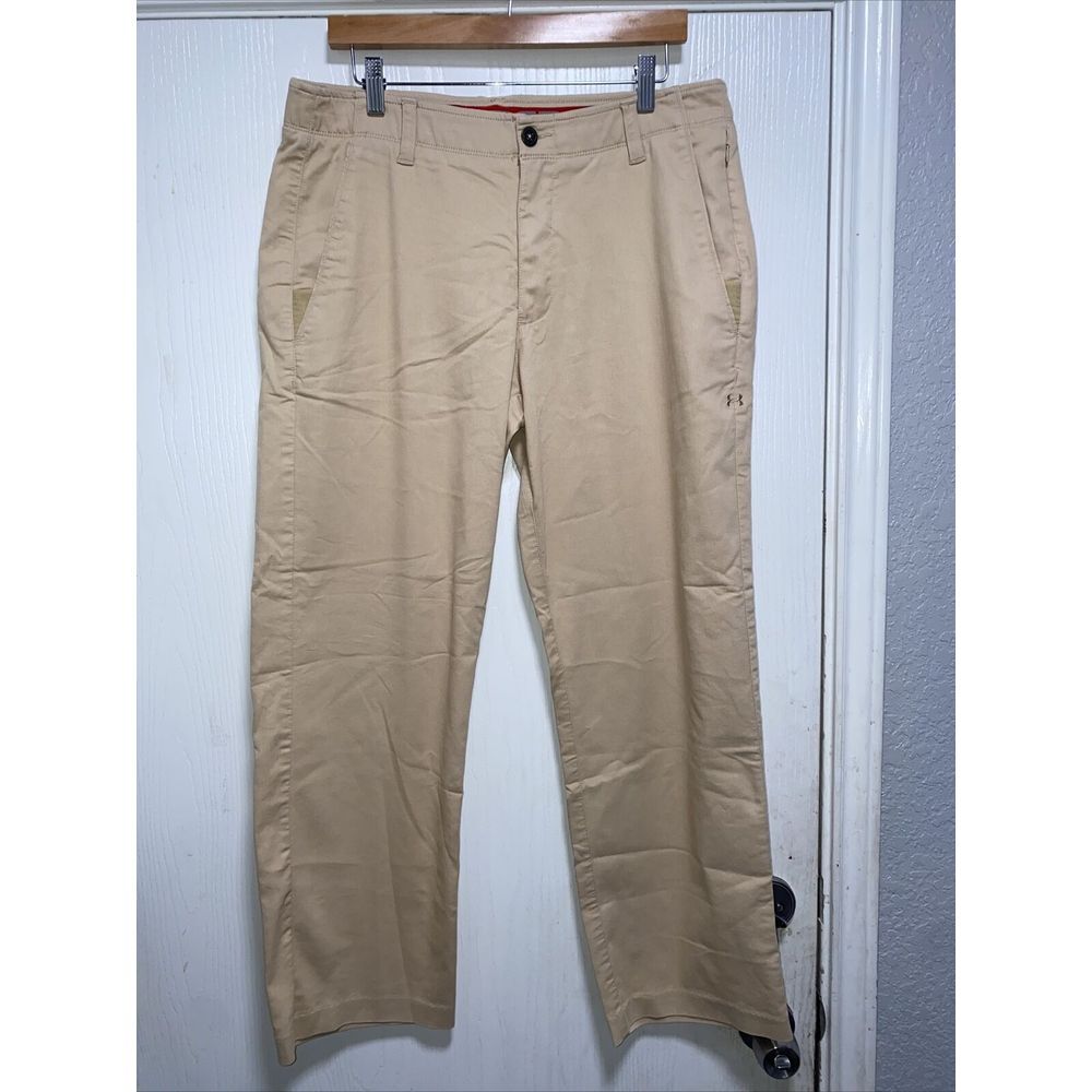 UNDER ARMOUR MATCH PLAY Mens Sz 34 x 30 Khaki Flat Front Stretch Golf Pants